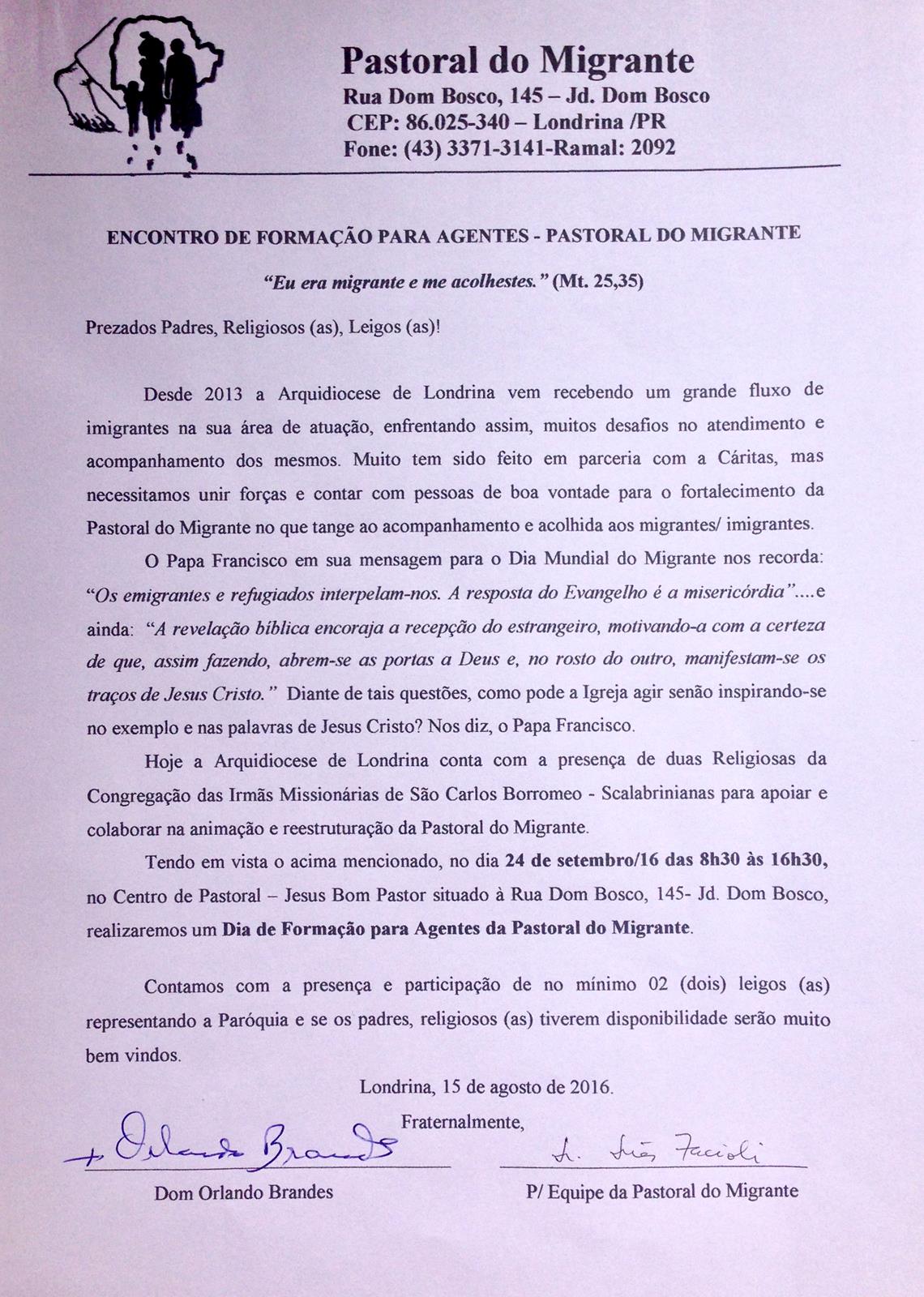 carta convite pastoral migrante
