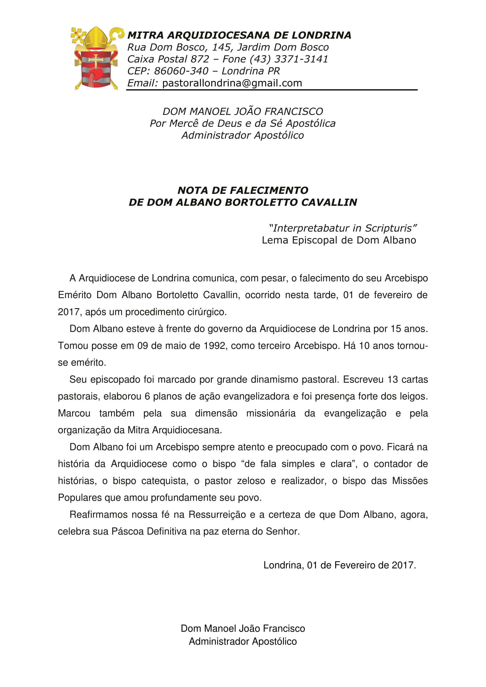 Nota Falecimento Dom Albano-1