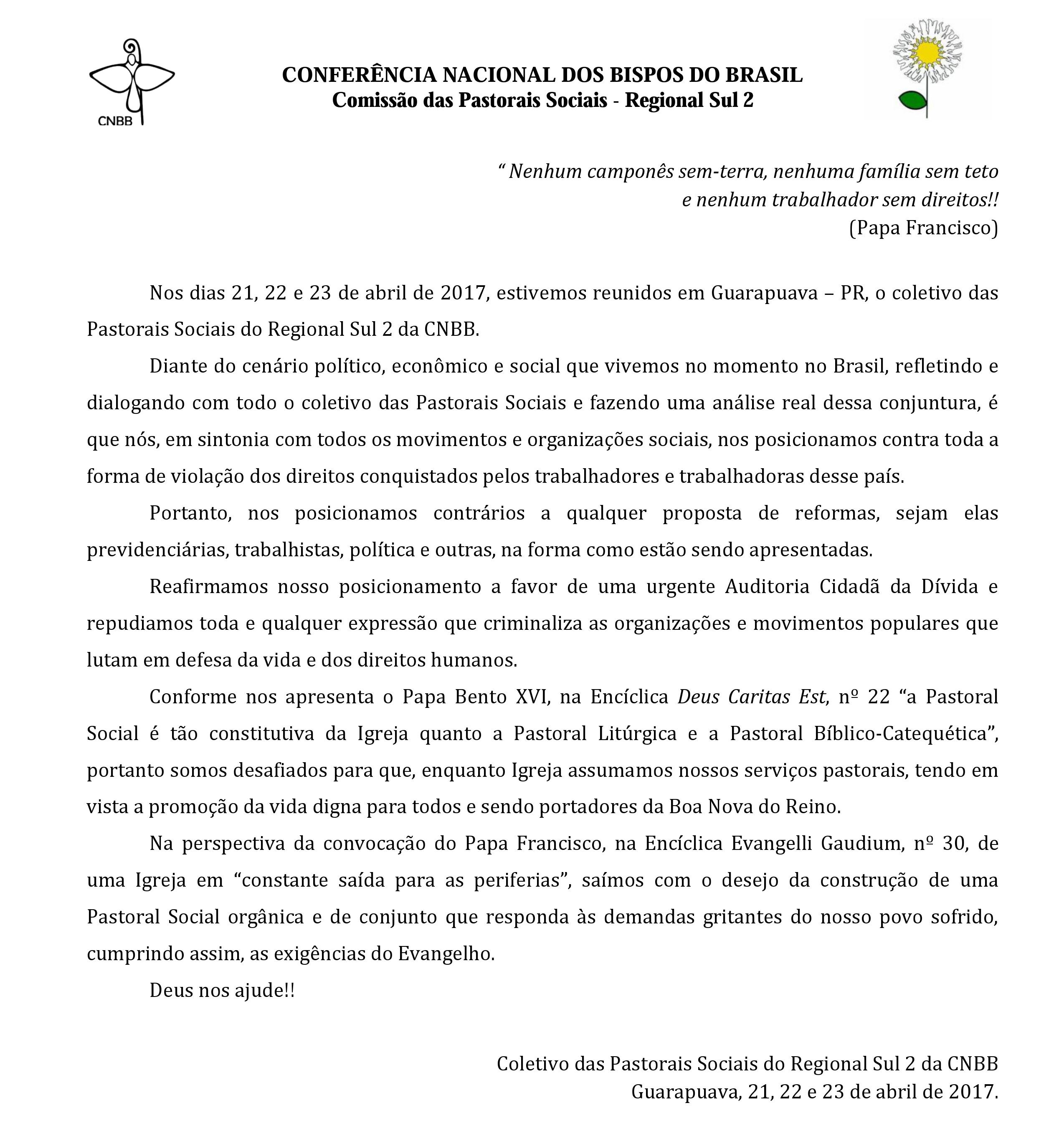 carta final encontro pastorais sociais reg 2